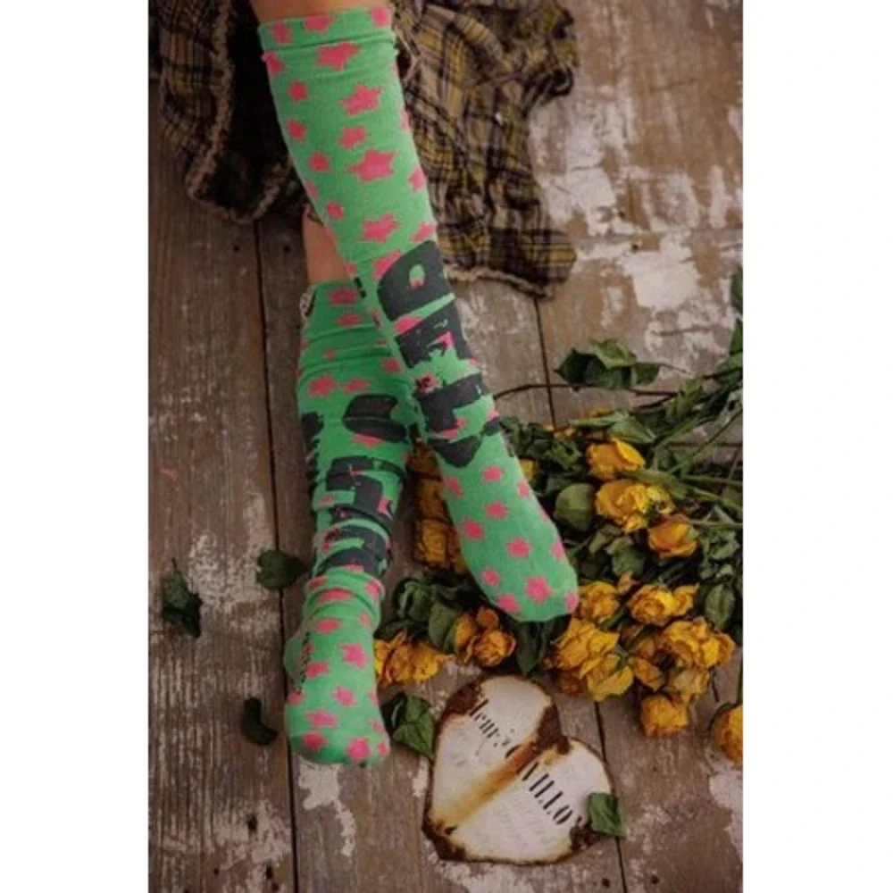 Magnolia Pearl STAR Green‎ Pink Stars OTK Knit Knee High Socks NWT